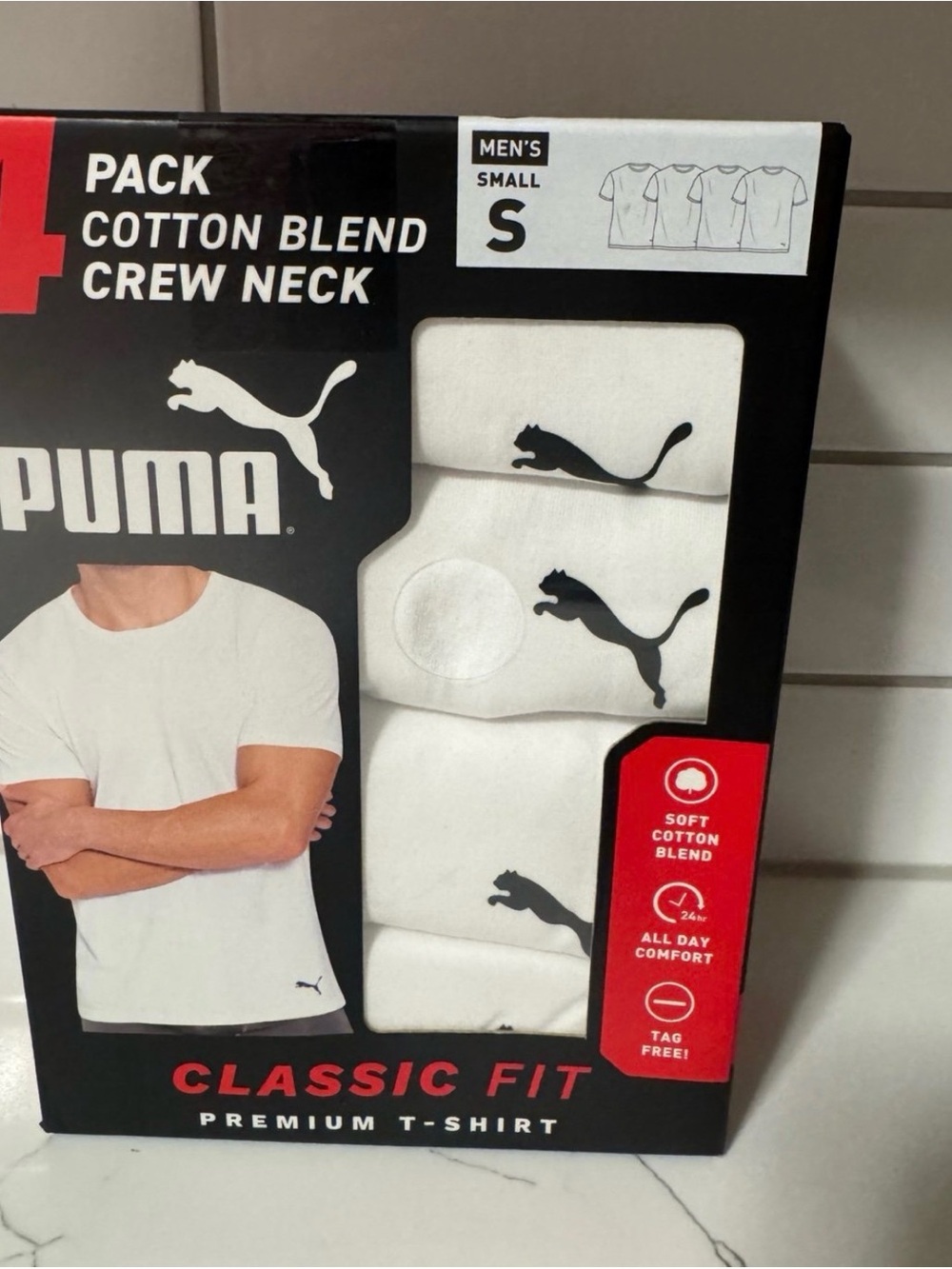 Puma 4 Pack Men’s Small Crew Neck T-Shirts White Cotton Blend Classic Fit